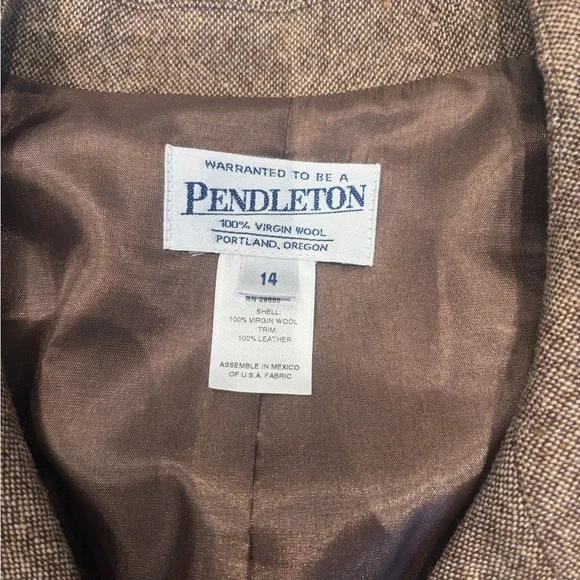 Pendleton Brown Virgin Wool Skirt Suit Leather Trim Size 14 - Picture 3 of 4